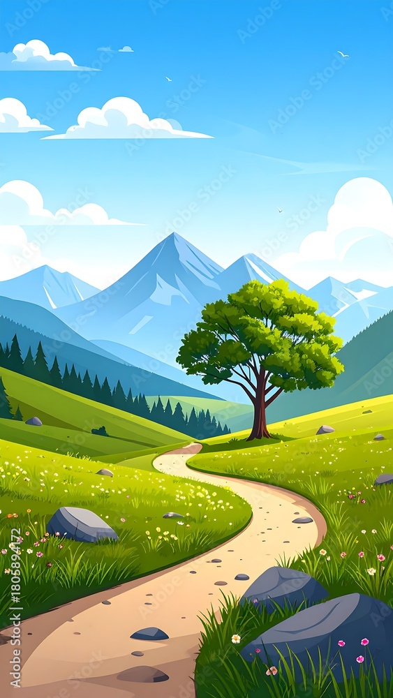 Obraz premium A vibrant scenic landscape shows a winding path through grassy hills, leading towards towering mountains under a sunny, clear sky