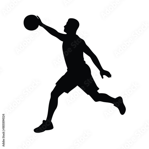 Silhouette of a basketball player in mid-air, reaching for a dunk with a ball.
