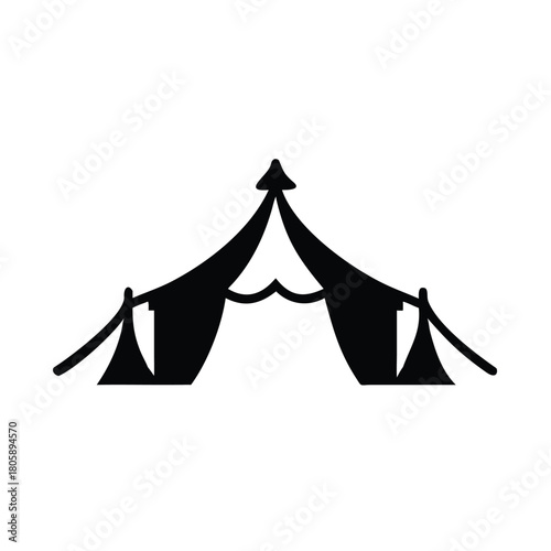 A simple black silhouette of a circus tent stands against a white background.