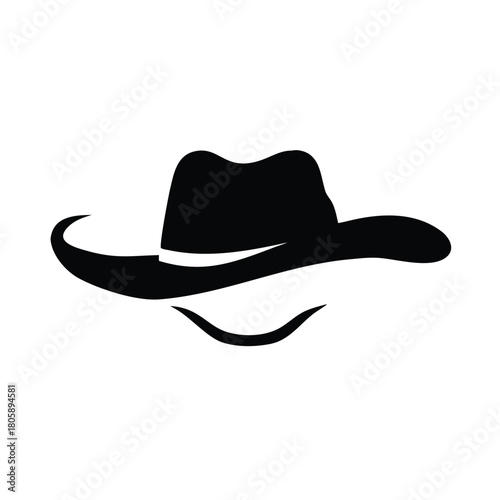 A black silhouette of a cowboy hat with a white band and a hint of a smile beneath it.