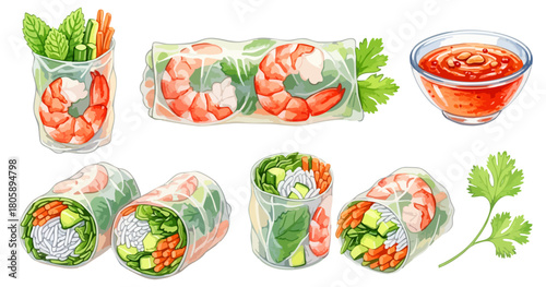 ベトナム風生春巻き（ゴイ・クォン）とソースのセット,エビ,アボカド,ヘルシー,アジア料理,水彩,リアル