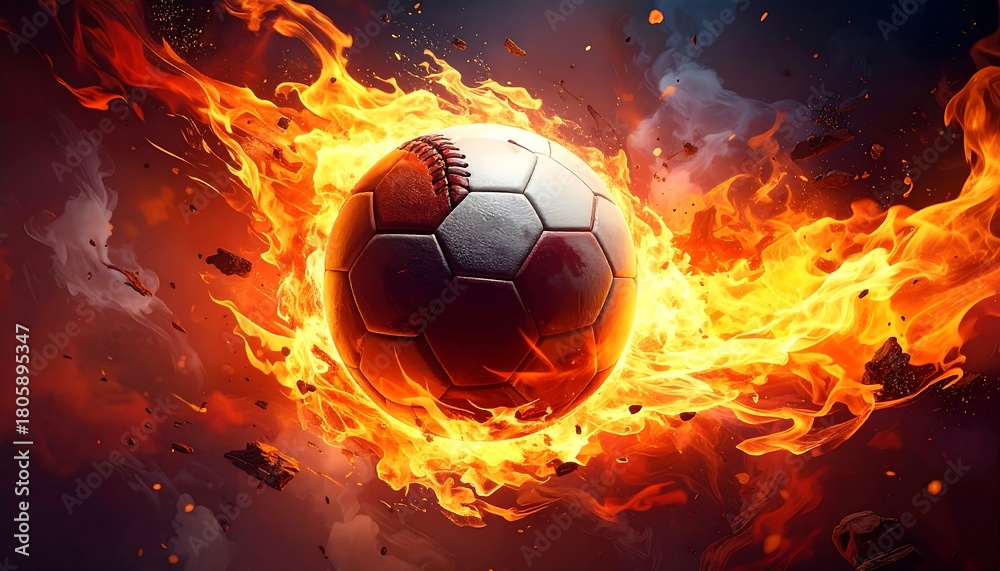 Fototapeta premium A soccer ball engulfed in vibrant flames and smoke