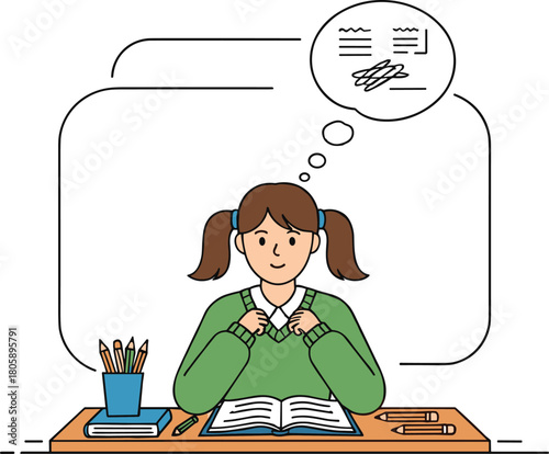 Student studying at desk, homework time, school assignment, learning focus, cartoon illustration, education concept, writing thoughts, classroom scene, pencil tools, academic preparation