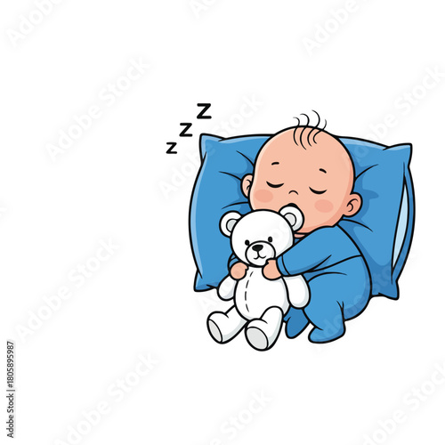 Peaceful baby sleeping soundly with a teddy bear, illustration of a sweet dream