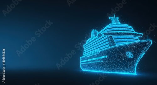 Fototapeta Naklejka Na Ścianę i Meble -  A glowing digital wireframe cruise ship on a dark blue background