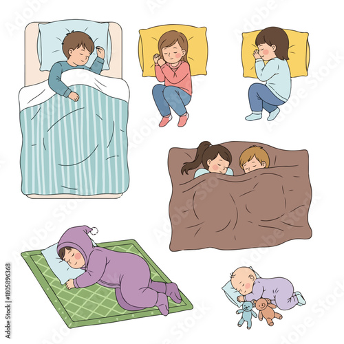 Children sleeping peacefully in their beds and on the floor, depicting a serene and restful atmosphere