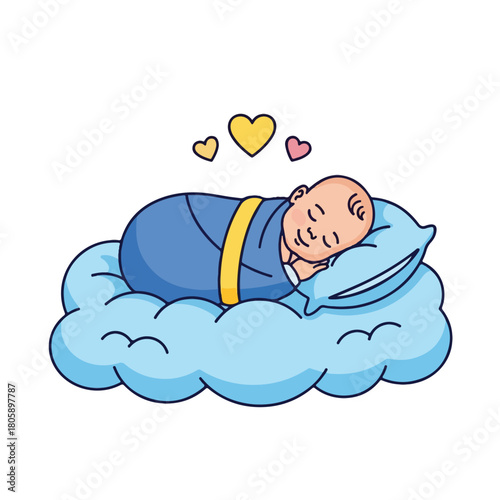 A peaceful baby dreams on a fluffy cloud, surrounded by hearts, symbolizing love and sweet dreams, baby sleeping.
