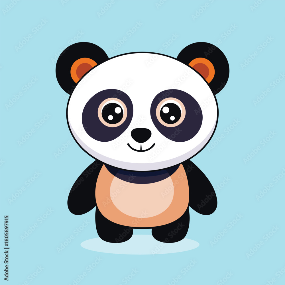 Fototapeta premium Illustration of a delightful panda bear standing on a light blue background, showcasing its cute features and joyful expression in a cartoon style