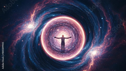 Human silhouette on a spiritual journey through a cosmic wormhole. Sequence of a person raising arms to embrace the universe and higher consciousness in deep space