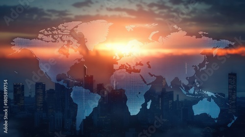 sunset over a modern city skyline with a translucent world map overlay and glowing horizon, evoking global connection, ambition and hopeful futuristic energy