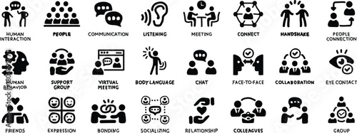 Human interaction icon set. Communication, people, connection, friends, chat, bonding, socializing, group, relationship and more. Solid vector icons collection. 