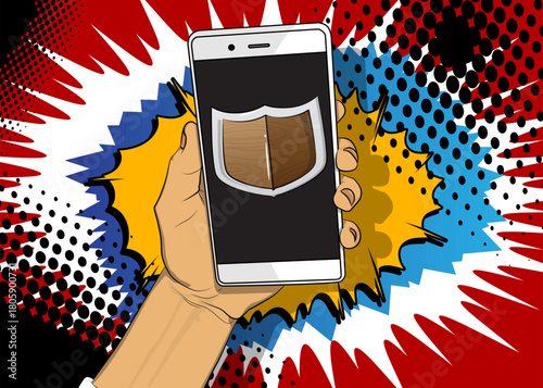 Cartoon Smartphone, comic book Telephone with Shield. Retro vector comics pop art design.