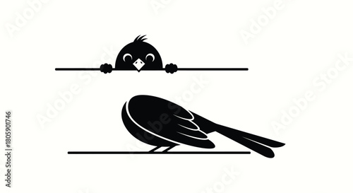 Small black bird peeking over a line, with copy space