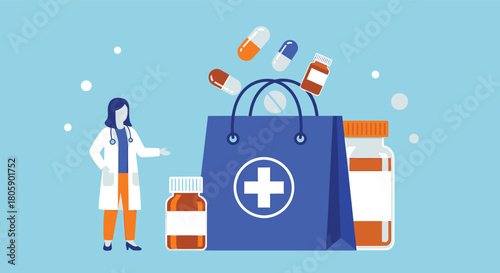Doctor with a shopping bag full of medicine and pills, representing online pharmacy and healthcare