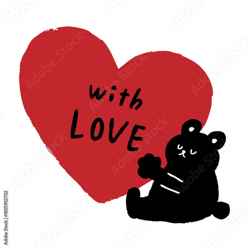 赤いハートとwith LOVEの手描き文字、座っている黒いくまが寄り添う愛のメッセージイラスト。バレンタインやギフトに使えるシンプルで温かいデザイン
