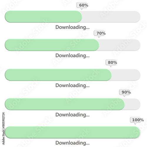 Set of Horizontal Green Download Progress Bars with Percentages