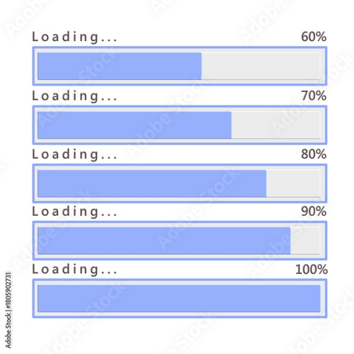 Progress bars indicating loading and completion status from 60% to 100%. Essential UI elements for digital system feedback
