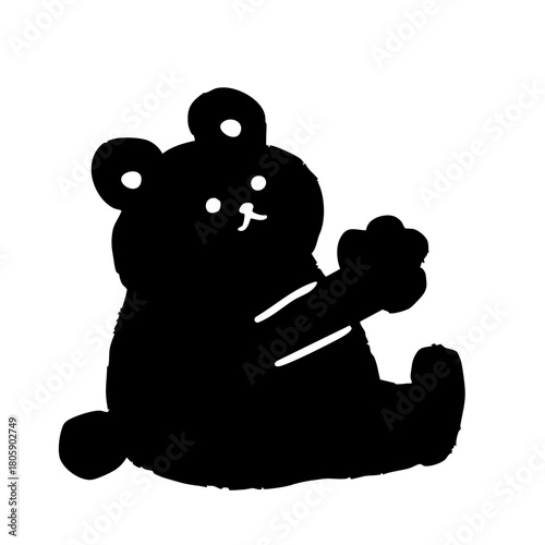 座って両腕を伸ばし、何かを持ち上げるポーズをしたかわいい手描き風のくまシルエットイラスト。白黒のミニマルな動物キャラクター素材。
