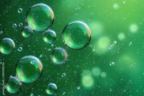 Wallpaper Mural floating translucent green bubbles and tiny suspended droplets against soft bokeh background, calm and ethereal Torontodigital.ca