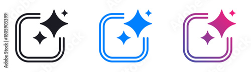 Magic sparkle icon set combining rounded corner frames with glowing star shapes, ideal for highlights, special actions, effects, premium features, clean UI buttons, and modern apps.