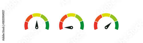 speed gauge icons showing performance levels from low to high, with rotating pointers for rating, analytics, progress tracking, and efficiency indicators