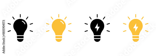 Bright idea lightbulb icons showing creativity, innovation, solutions, inspiration, electricity, and energy concepts in clean bold shapes for UI and modern designs.