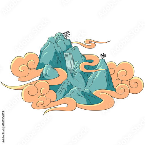 Traditional Asian Fantasy Landscape Featuring Majestic Teal Mountains and Decorative Golden Smoke Clouds