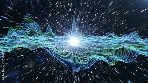 Intense digital waveform pulse collapsing inward with rapid glitch effects and regenerating from a brilliant white light source signifying a recursive technical singularity background, coding, AI