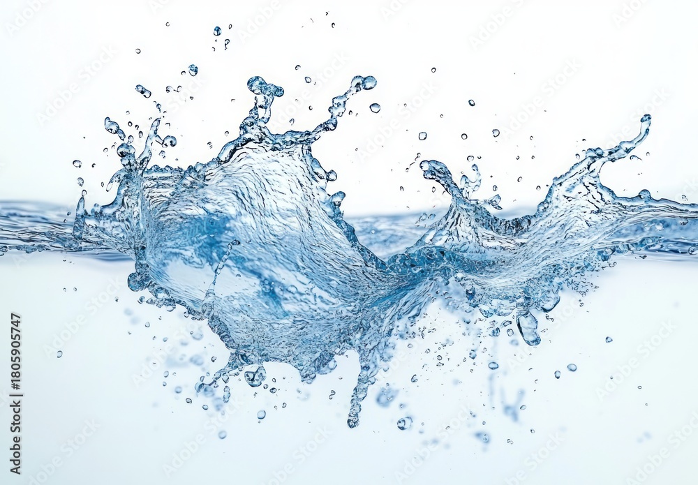 Obraz premium clear blue water splash with airborne droplets over a white background, dynamic motion conveying freshness and energy