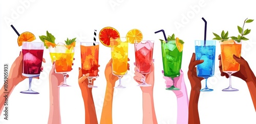 Diverse hands raising colorful cocktails with fruit garnishes and straws in a joyful celebratory toast