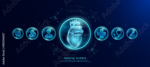 Science medical banner dark blue. Heart organ hologram in transparent spherical dome along with the icons of a doctor plus sign and syringe. Vector EPS10.