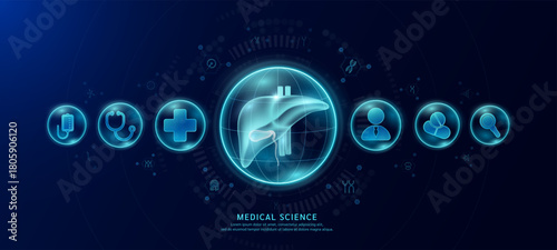 Science medical banner dark blue. Liver organ hologram in transparent spherical dome along with the icons of a doctor plus sign and syringe. Vector EPS10.