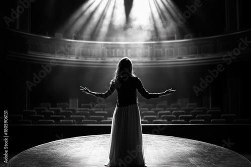solo performer standing center stage on a round wooden platform, arms outstretched toward empty theater seats and balcony under dramatic overhead spotlights, evoking solitude and reverence