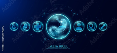 Science medical banner dark blue. Stomach organ hologram in transparent spherical dome along with the icons of a doctor plus sign and syringe. Vector EPS10.