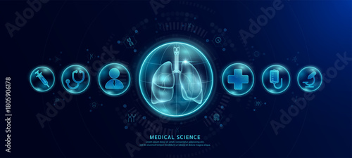 Science medical banner dark blue. Lung organ hologram in transparent spherical dome along with the icons of a doctor plus sign and syringe. Vector EPS10.