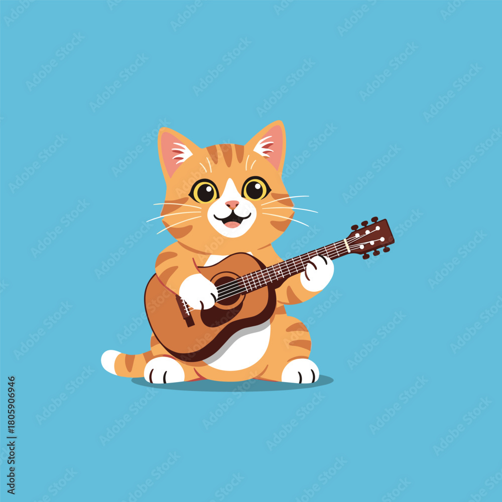 Fototapeta premium Cute cartoon orange cat playing acoustic guitar against a bright blue solid background.