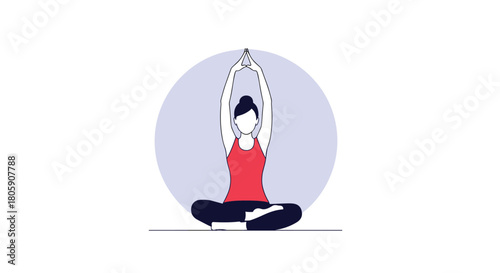 A woman in a red top and dark pants performs a peaceful seated yoga pose with arms raised and hands clasped, symbolizing meditation and wellness.