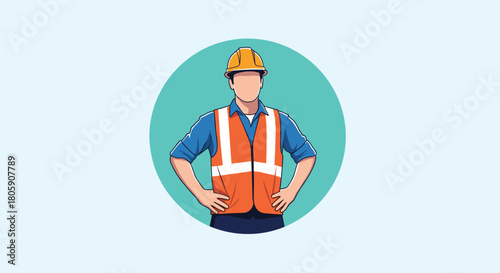 A confident male construction worker or engineer in a yellow hard hat and orange high-visibility safety vest, standing with hands on hips.