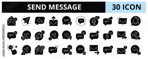 30 Send Message Glyph Icons Vector - Direct Message, Push Notification, Secure Send, Sent Status, Text Sending, Email Sent, Reply Sent