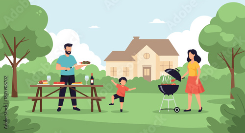 A joyful family of three celebrates summer with a backyard barbecue, featuring grilled food, refreshing drinks, and playful outdoor fun.