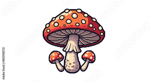 Detailed pixel art illustration of a classic red and white spotted mushroom, with two smaller fungi beside it, on a white background.