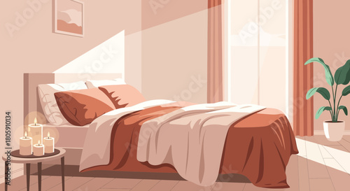 Cozy bedroom interior with warm lighting candles and a comfortable bed setting