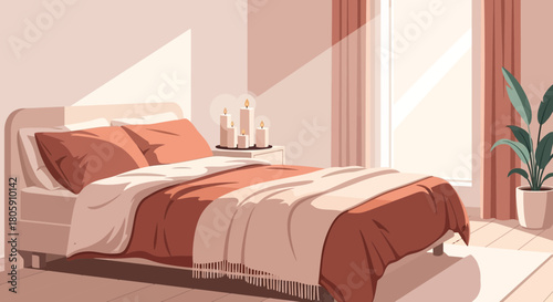 Cozy bedroom interior with a comfortable bed candles and natural light streaming in