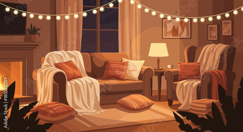 Cozy living room with fireplace and warm lighting creates a relaxing atmosphere