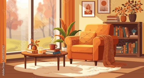 Cozy autumn reading nook with armchair books and warm light from the window