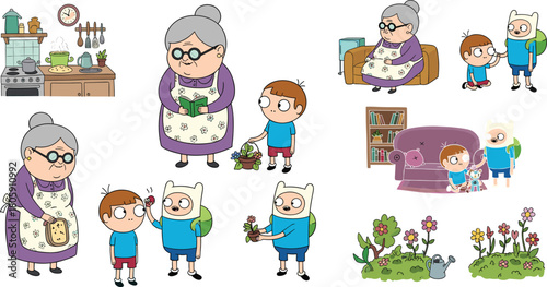 Cute grandmother and children spending time together cooking, gardening, reading, and playing in home interior scenes cartoon vector illustration