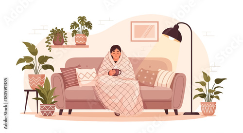Woman wrapped in blanket enjoys hot drink on sofa in cozy living room setting
