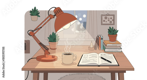 Cozy workspace featuring a desk lamp coffee notebook and plants for study time