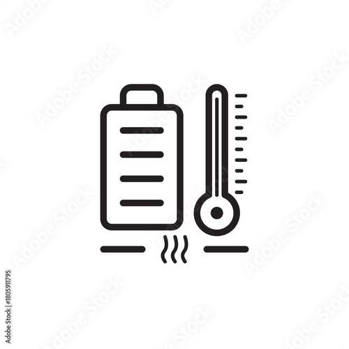 Battery Thermal Management System (BTMS) icon showing a pack and thermometer. Represents temperature control, cooling, heating, and optimization for EV battery performance, safety, and longevity.