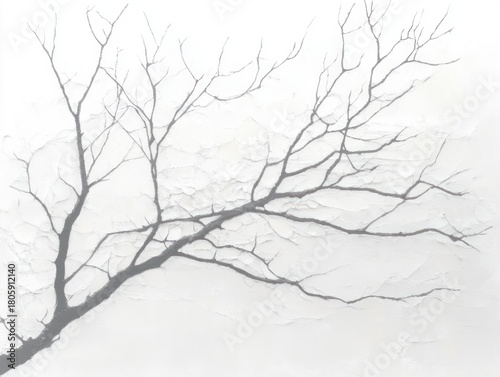 Bare tree branch silhouette across a peeling textured wall in monochrome, minimalist composition conveying quiet solitude and calm